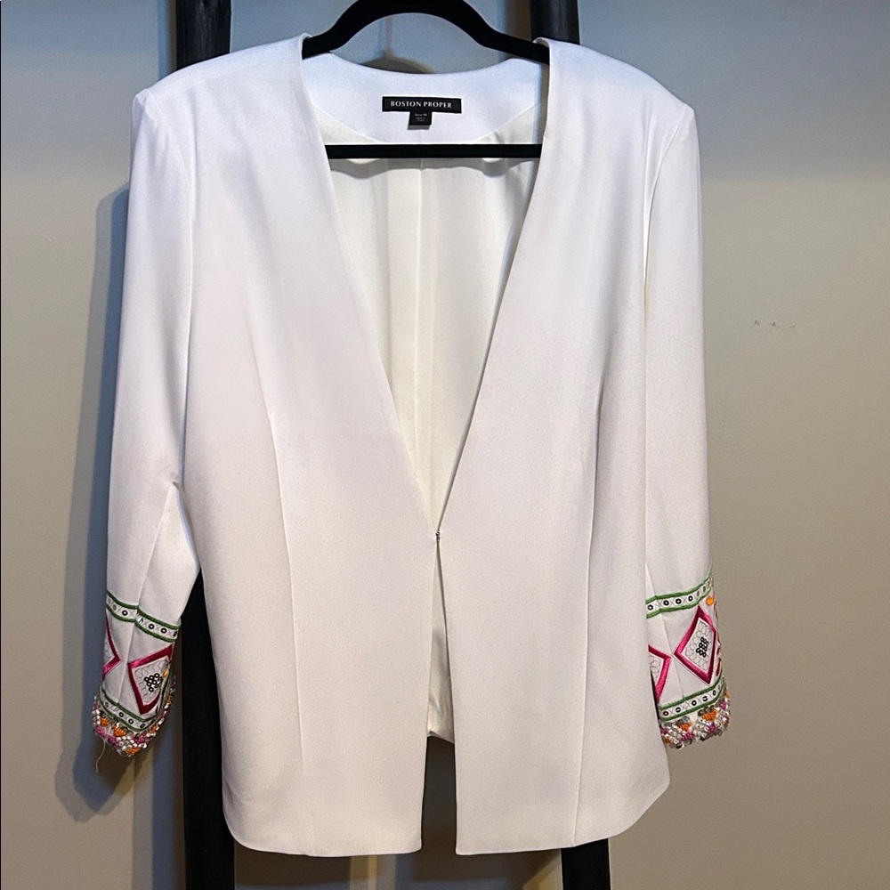 Boston Proper White Blazer with Sequined Pink and Green Cuffs NWT